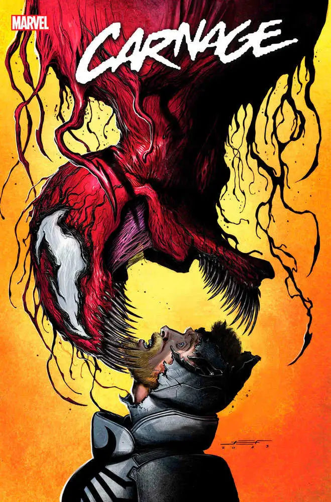 Red symbiote Carnage emerging from shadows with flames, featured in Carnage #6 trading cards