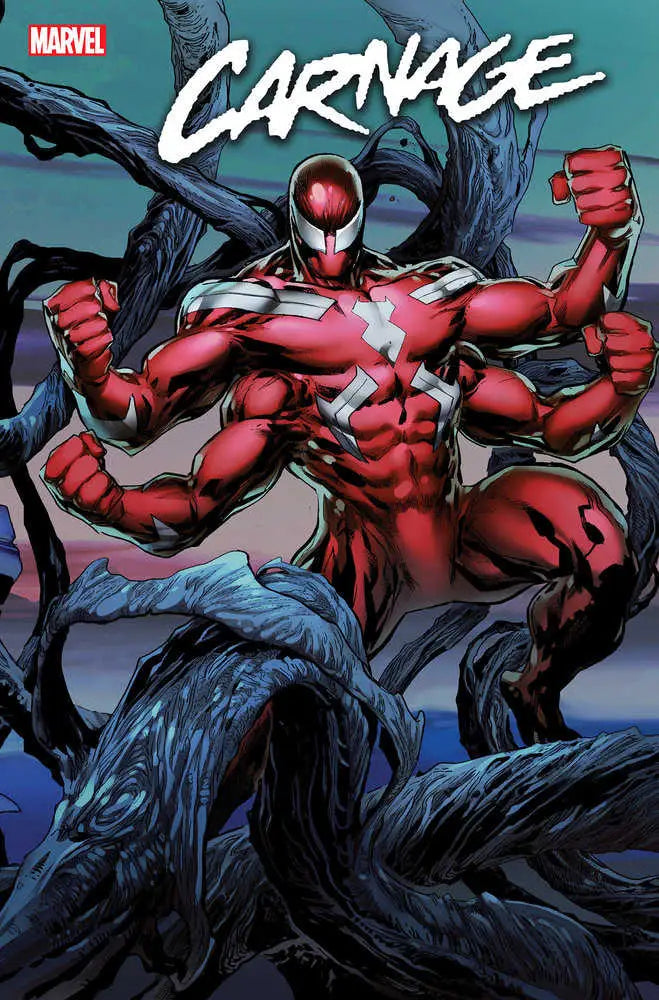 Red symbiote Carnage with multiple arms in an aggressive pose for trading cards