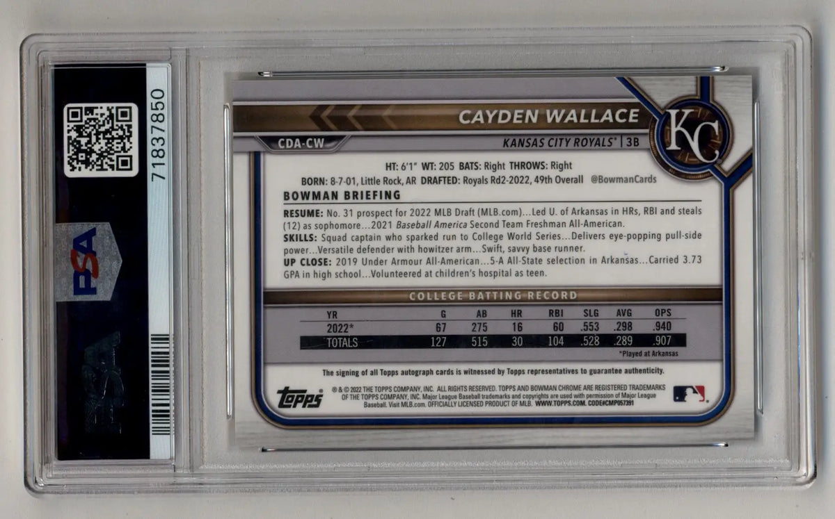 Cayden Wallace 2022 Bowman Chrome Draft Gold Wave Refractor Auto 25/50 PSA 10 Gem Mint Auto 10 - Baseball Card Single