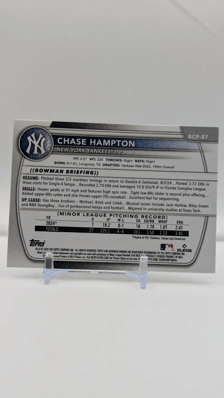New York Yankees Chase Hampton Chrome Prospects baseball card Chase Hampton #BCP-57