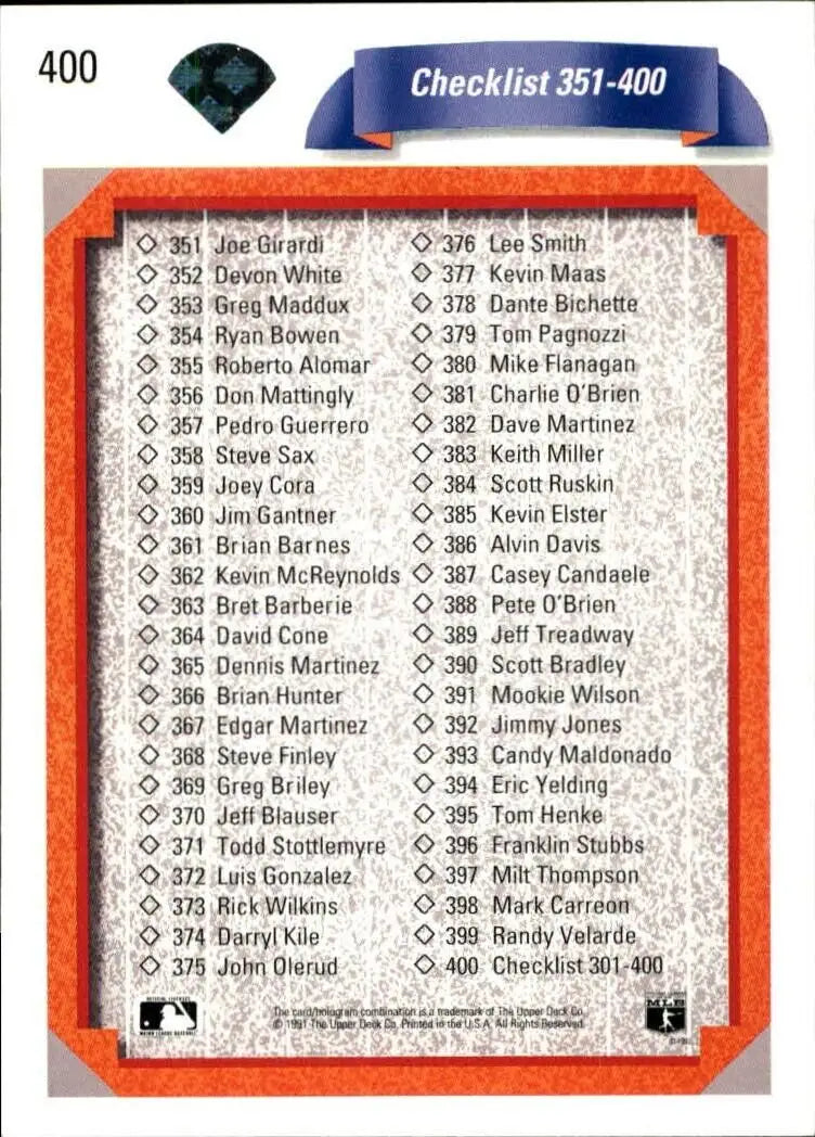 Checklist 301-400 1992 Upper Deck MLB #400 Baseball Card - Baseball Card Single