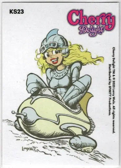 Cartoon girl in futuristic vehicle on Cherry Delight 5finity Larry Welz promo card