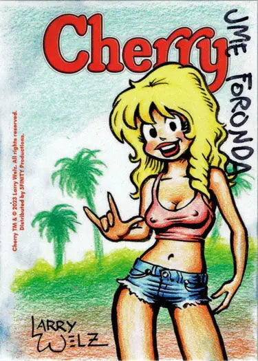 Cartoon blonde woman in beachwear peace sign for Jme Foronda Sketch Card trading cards