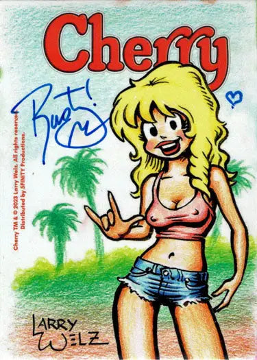 Cartoon sketch card of a blonde woman in pink top making peace sign by Rusty Gilligan