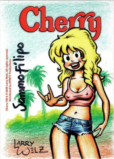 Cartoon of blonde woman in pink top on Cherry February/March 2023 Sammo Filipo sketch card