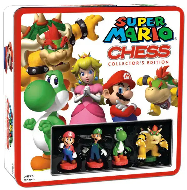 Super Mario Chess Collector’s Edition set with figurine pieces in a collectible tin box
