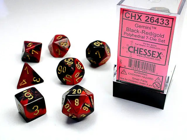 Chessex Gemini Black-Red Gold Polyhedral 7 Die Set for tabletop gaming