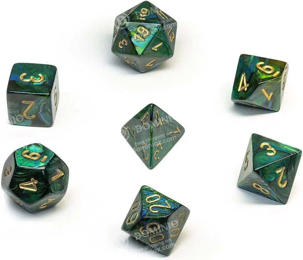Chessex Scarab Jade Gold Polyhedral 7 Die Set with green and gold dice