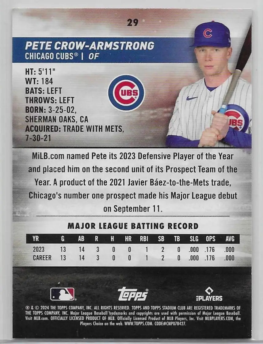 CHICAGO CUBS RC MVP? 2024 Stadium Club #29 Pete Crow-Armstrong 1513 - Baseball Card Single