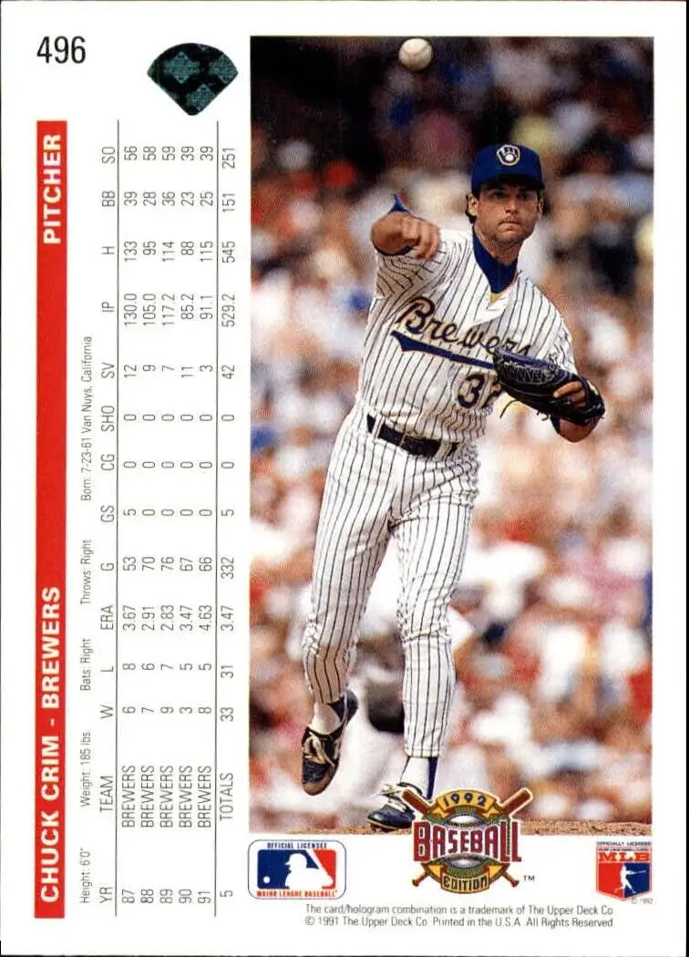 Chuck Crim 1992 Upper Deck MLB #496 Baseball Card Milwaukee Brewers - Baseball Card Single