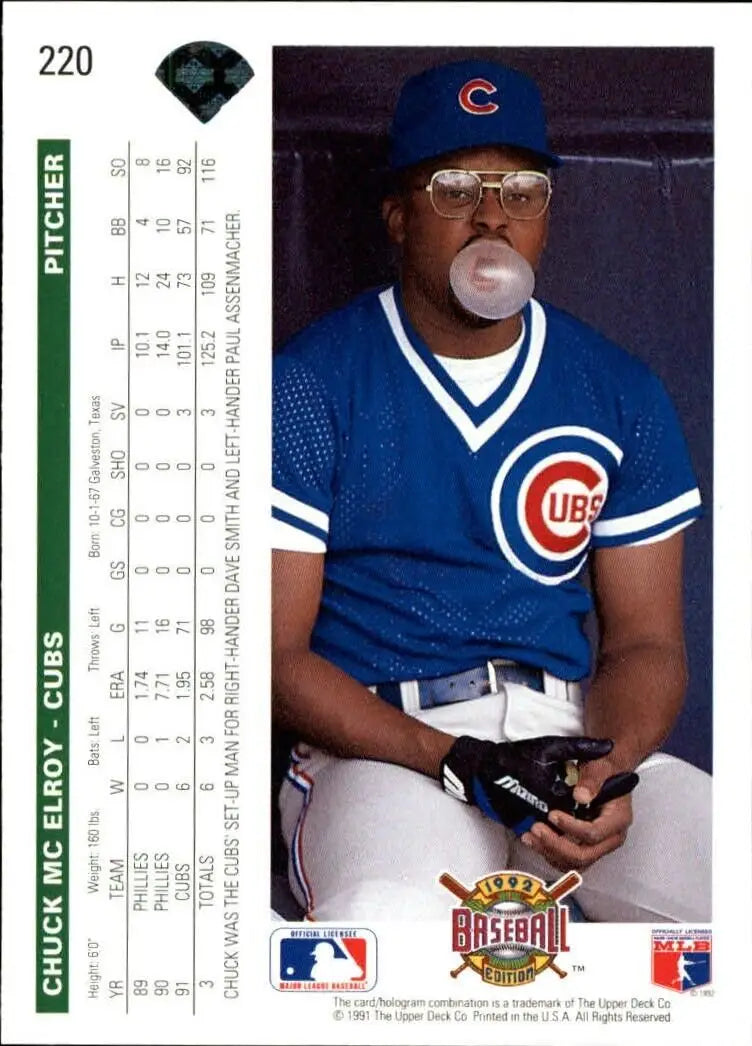 Chuck McElroy 1992 Upper Deck MLB #220 Baseball Card Chicago Cubs