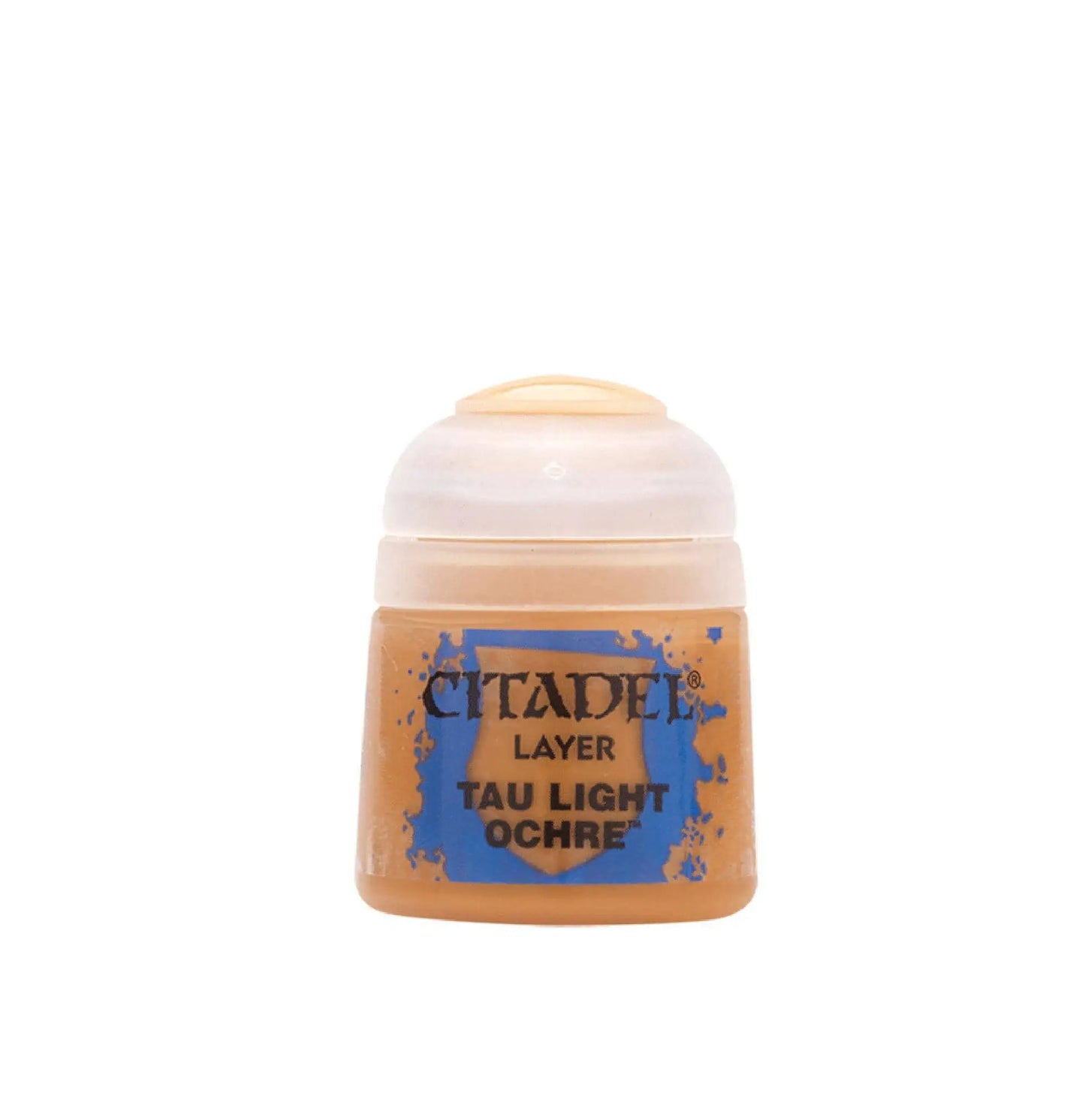 Small jar of Citadel Paint Tau Light Ochre for model painting and crafting