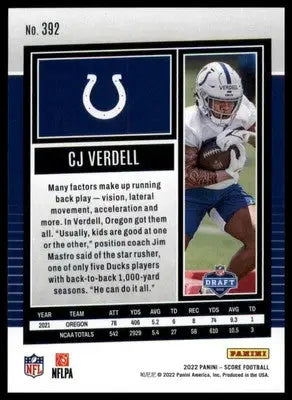 CJ Verdell Rookie 2022 Score #392 Indianapolis Colts - Football Card Single