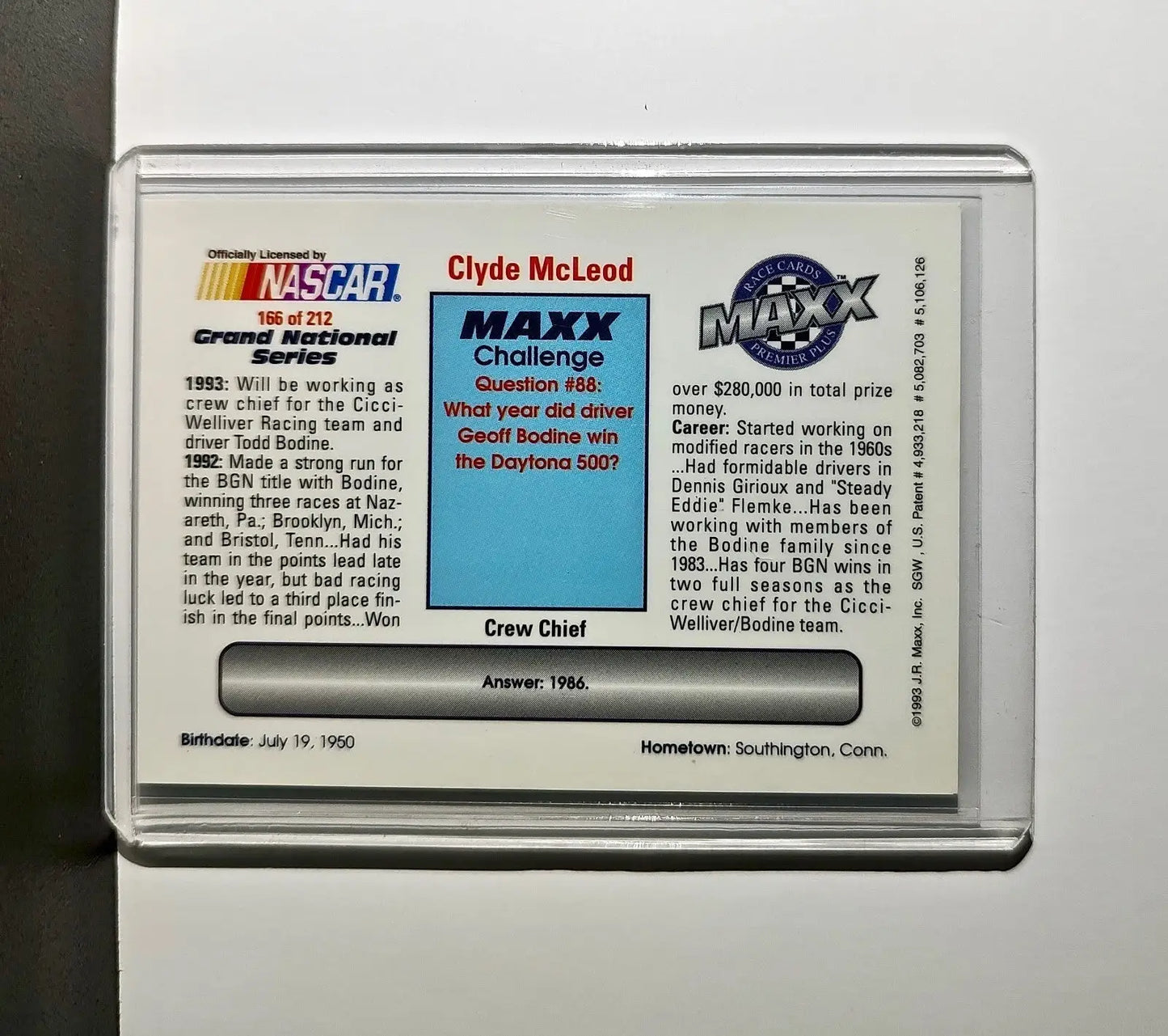 Clyde McLeod 1993 Maxx Premier Plus Racing #166 NASCAR Card Team 34 Racing