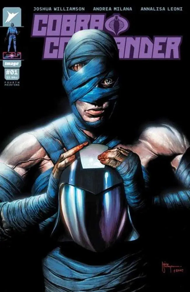 Comic book cover of Cobra Commander #1 with character in blue bandages holding a sword