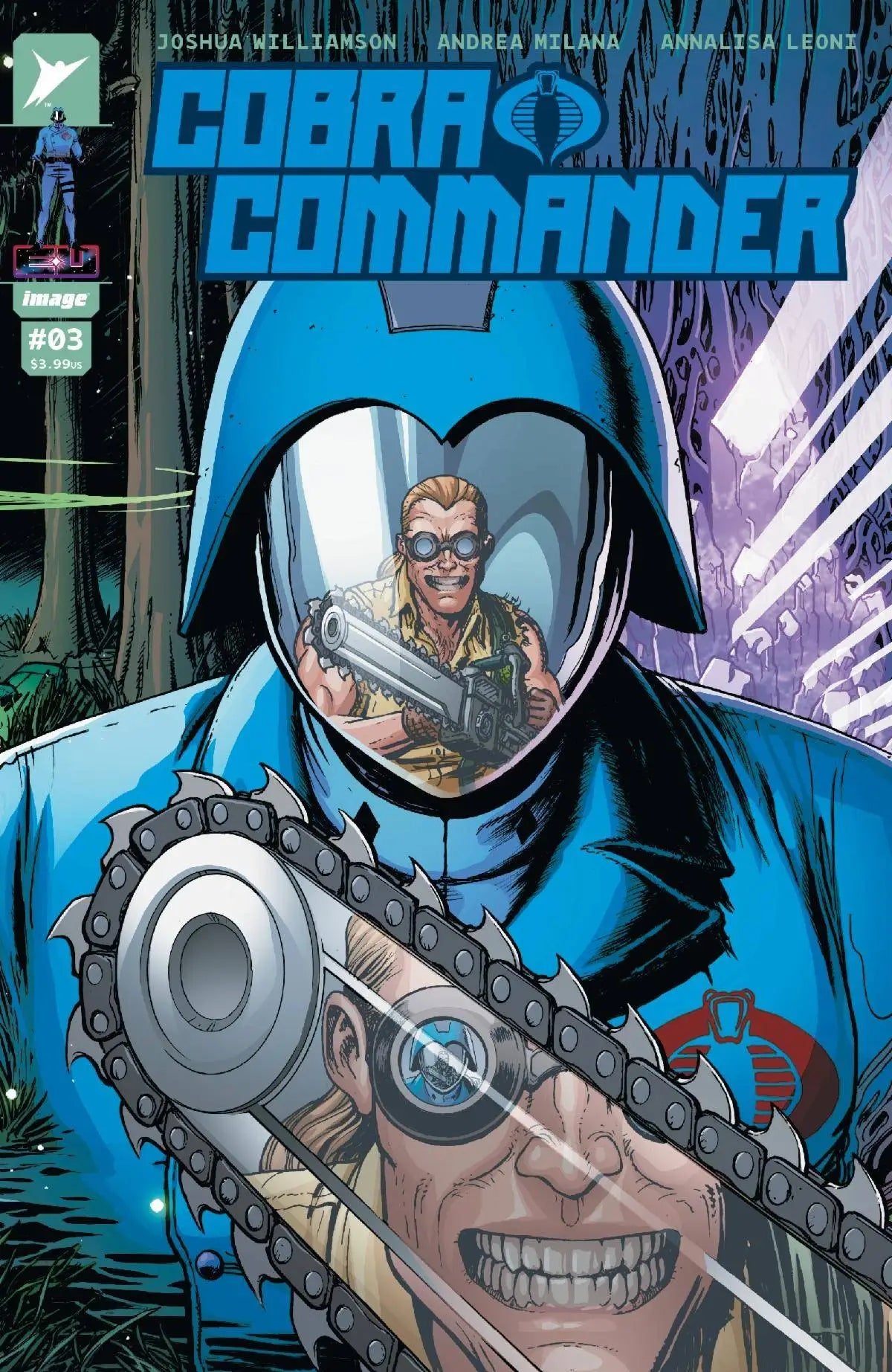 Comic book cover of Cobra Commander #3 featuring a character in a blue helmet
