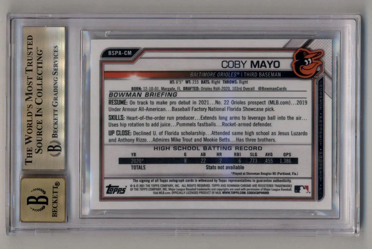 Encased Coby Mayo baseball card from Bowman Chrome Prospect Sapphire series with auto