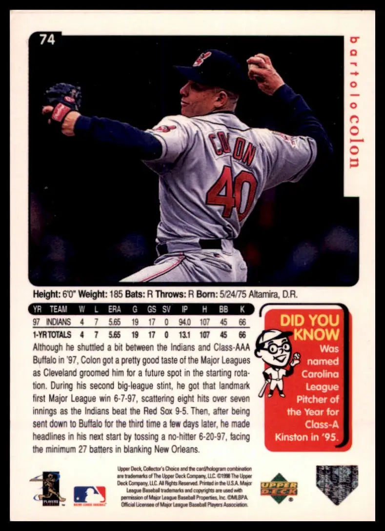 Collector’s Choice Bartolo Colon 74 Cleveland Indians LP - Baseball Card Single