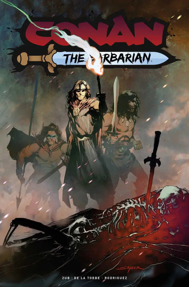 Dramatic Conan the Barbarian cover art featuring a warrior and skeleton for trading cards