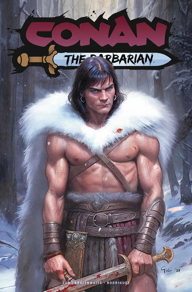 Comic book cover art of Conan the Barbarian in leather armor and fur cloak for trading cards