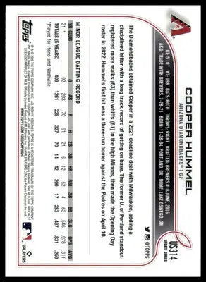 Cooper Hummel Rookie 2022 Topps Update #US314 Arizona Diamondbacks - Baseball Card Single