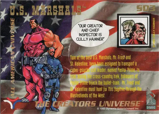 Muscular red-skinned superhero foil embossed chase card against American flag backdrop
