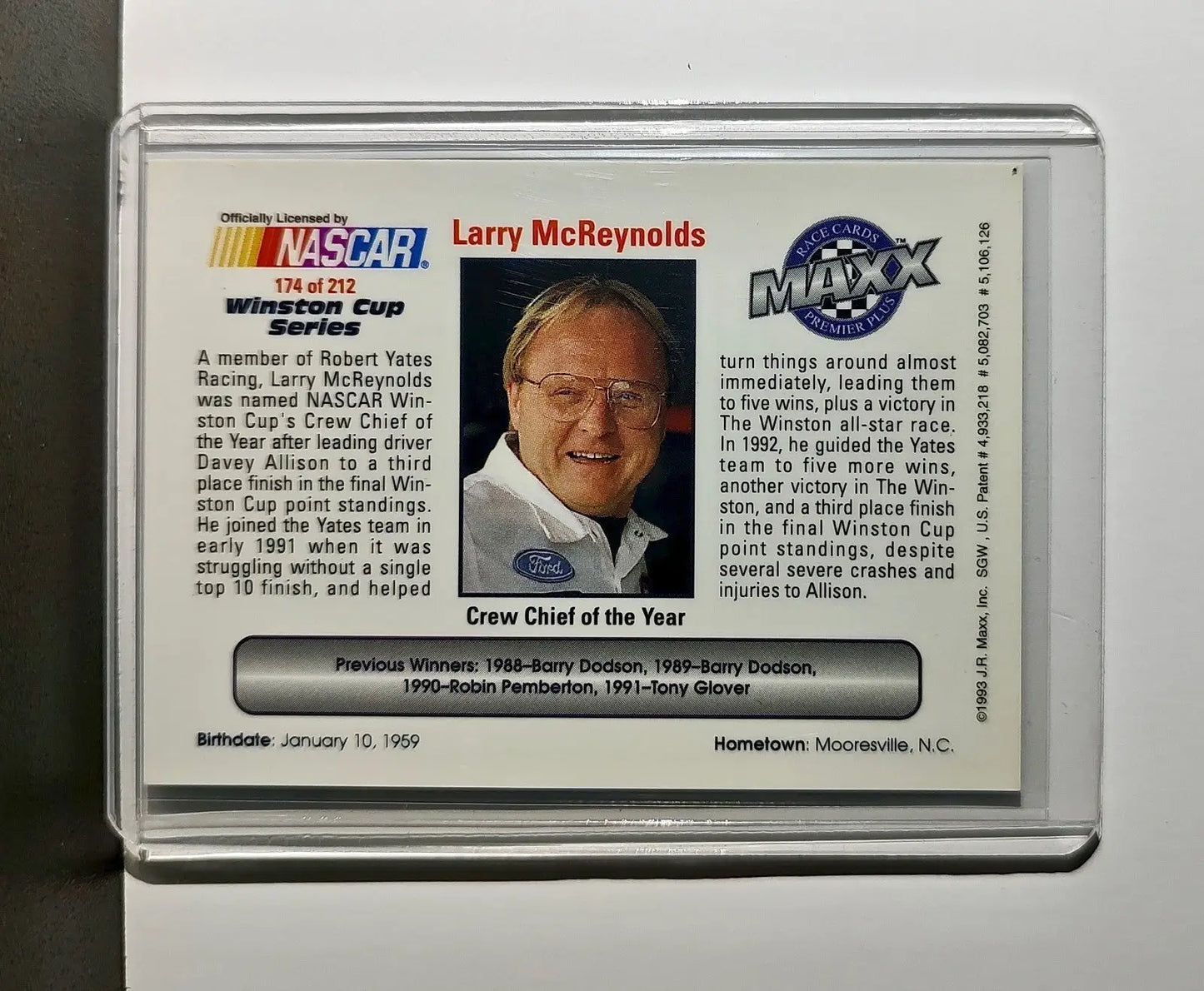 Crew Chief of the Year 1993 Maxx Premier Plus Racing #174 NASCAR Card