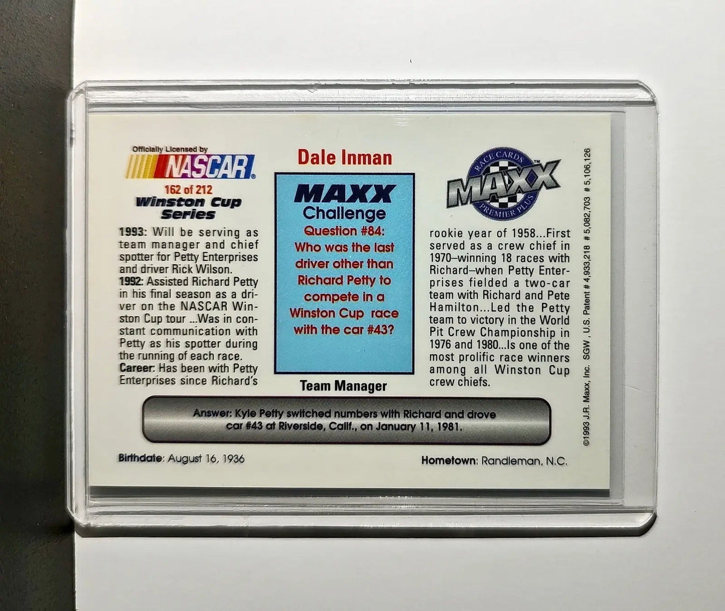 Dale Inman 1993 Maxx Premier Plus Racing #162 NASCAR Card Petty Enterprises - Racing Card Single