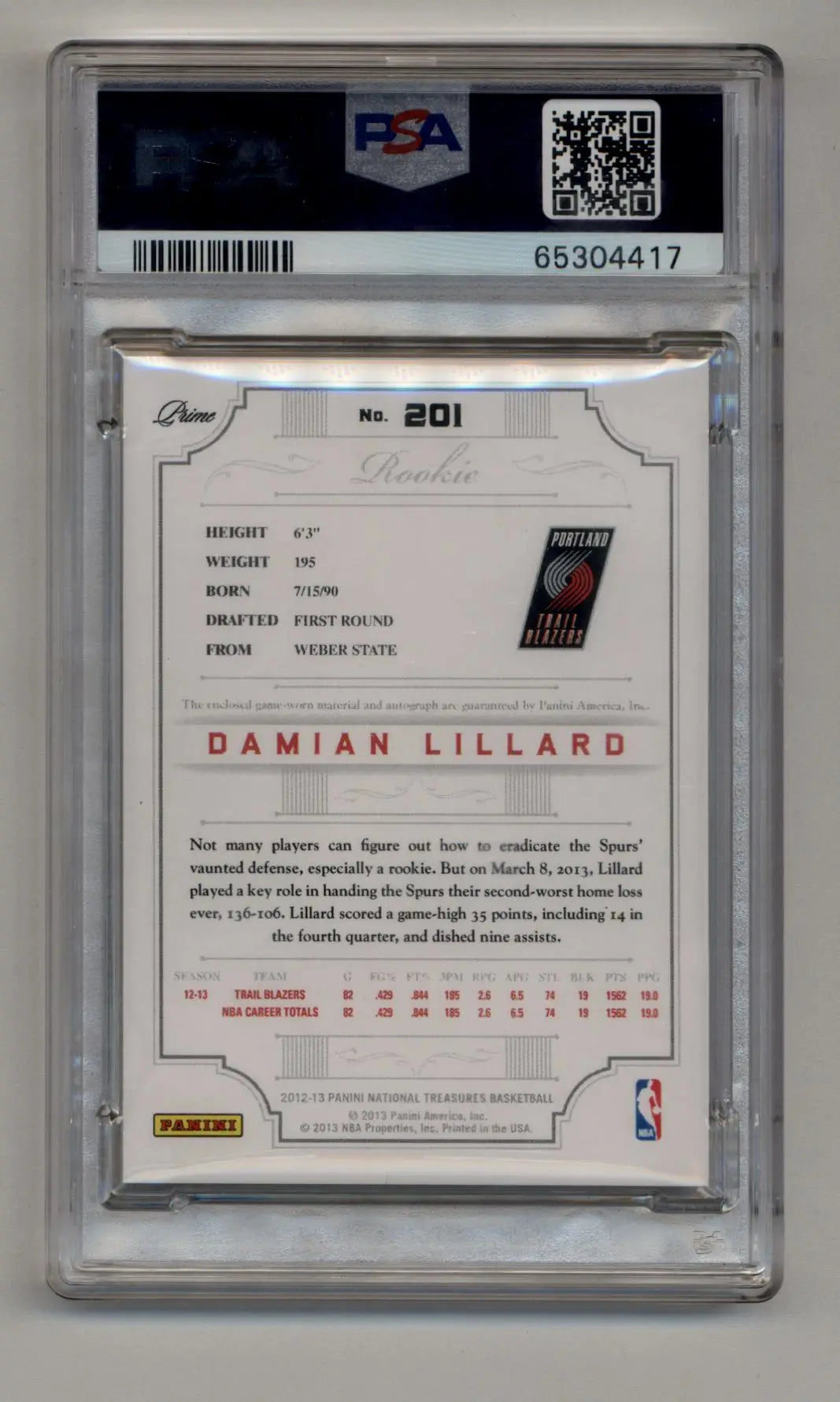 Damian Lillard 2012-13 Panini National Treasures #201 Patch Auto 31/99 PSA 10 Auto 10 - Basketball Card Single