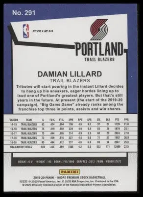 Damian Lillard 2019-20 Hoops Premium Silver #291 Portland Trail Blazers - Basketball Card Single