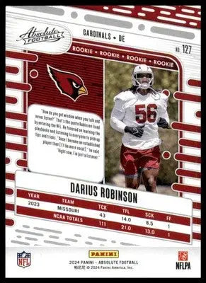 Darius Robinson Rookie 2024 Panini Absolute Retail #127 Arizona Cardinals - Football Card Single