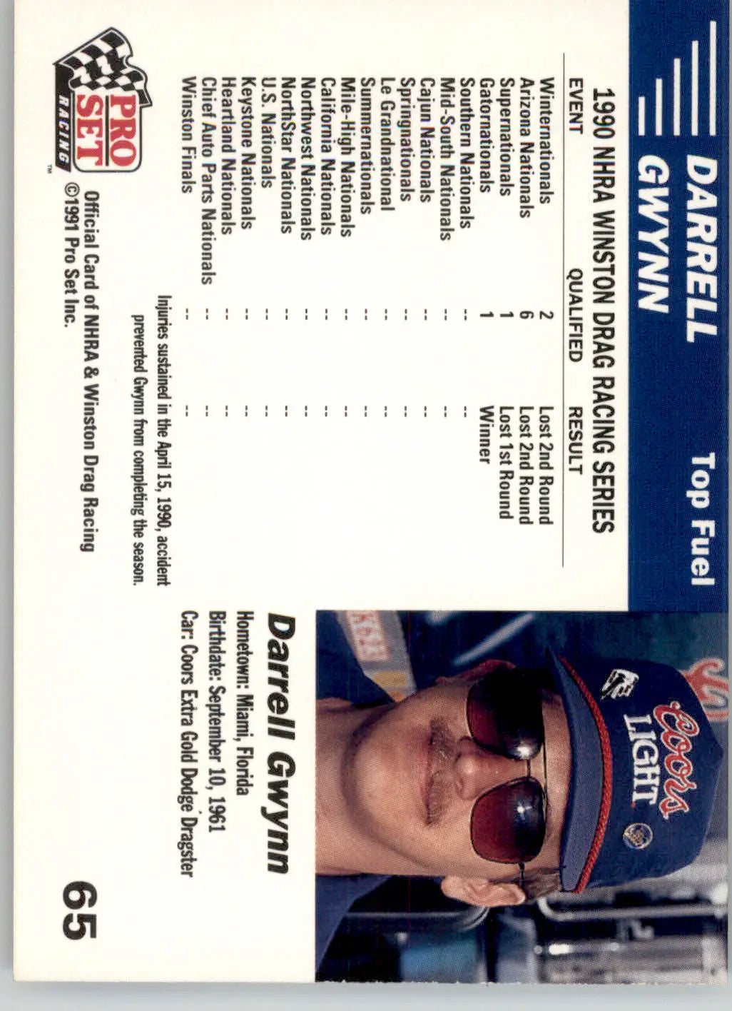 Darrell Gwynn’s Car - 1991 Pro Set NHRA - #65 - Racing - Racing Card Single