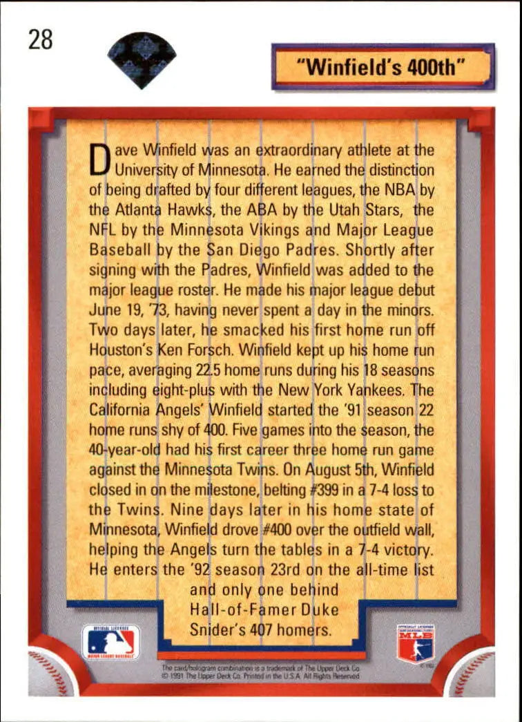 Dave Winfield’s 1992 Upper Deck MLB #28 Baseball Card California Angels
