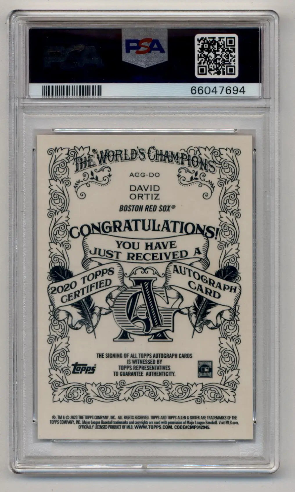 David Ortiz 2020 Allen and Ginter Red Refractor Auto 3/5 PSA 10 Auto 10 - Baseball Card Single