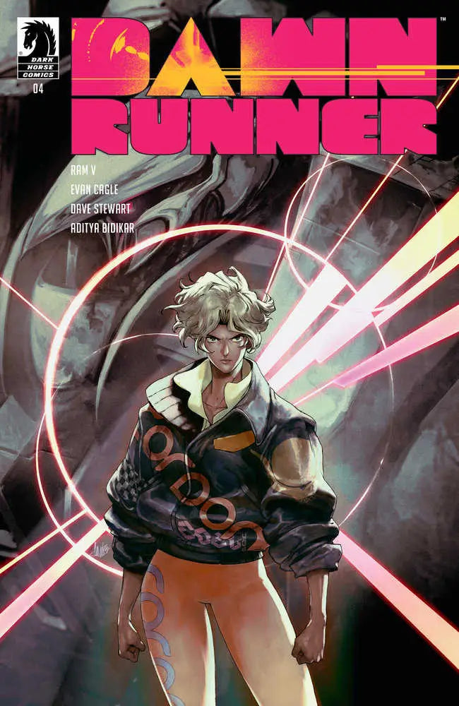 Comic book cover for Dawn Runner #4 features a character in an orange jacket with energy effects