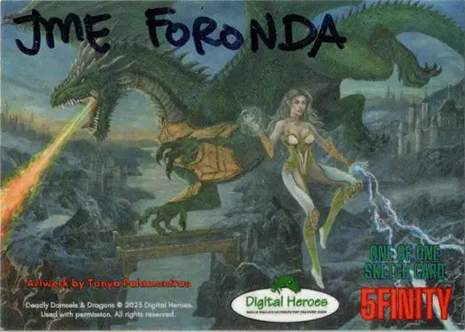 Fantasy sketch card by Jme Foronda featuring a green dragon and a female figure