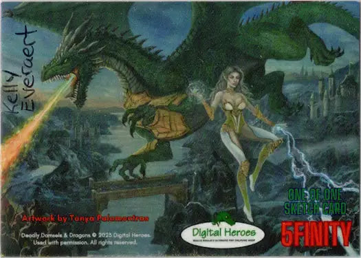 Fantasy sketch card featuring a green dragon and a magical female figure by Kelly Everaert