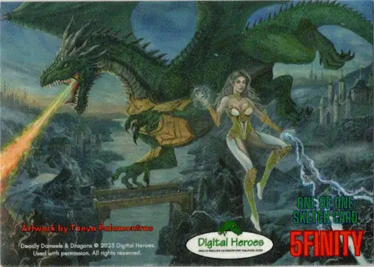 Fantasy sketch card of a powerful woman with dragons by Noah Ray for trading cards