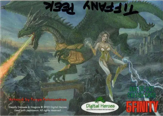 Fantasy sketch card featuring a dragon and female figure by Tiffany Peek in a dramatic landscape