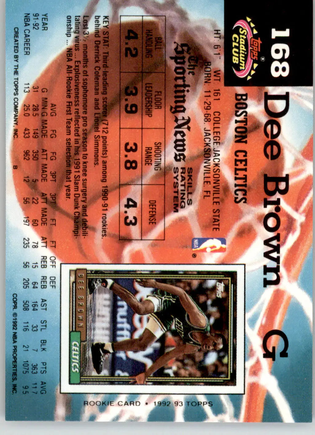 Dee Brown - 1992-93 Stadium Club - #168 - Basketball - Basketball Card Single
