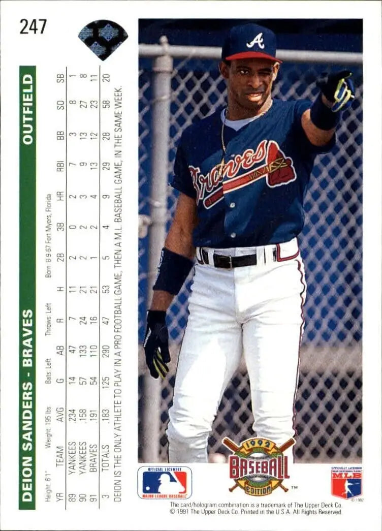 Deion Sanders 1992 Upper Deck MLB #247 Baseball Card Atlanta Braves - Baseball Card Single