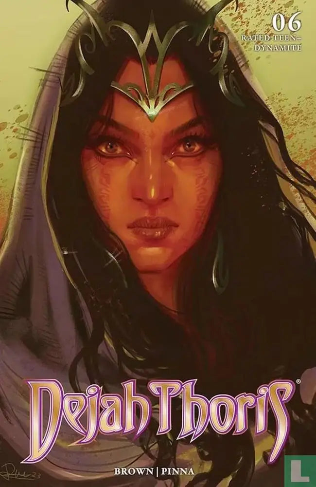 Comic book cover of Dejah Thoris with hooded figure, red face paint, and glowing eyes