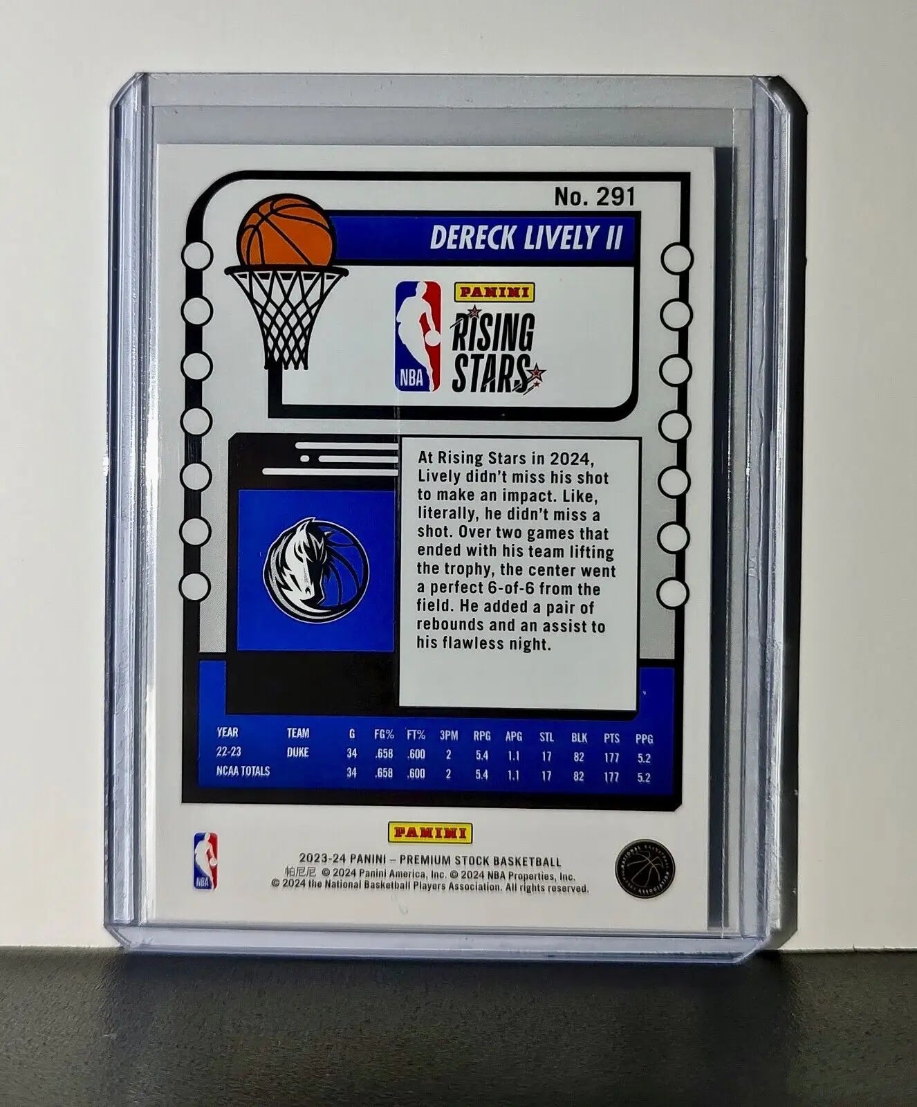 Dereck Lively II 2023-24 Panini Premium NBA Hoops Rising Stars #291 Rookie Card - Basketball Card Single