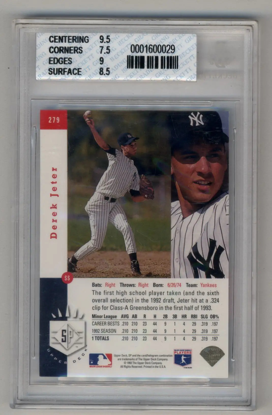 Graded Derek Jeter baseball card showcasing foil rookie trading card in near mint condition