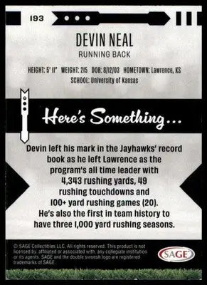 Devin Neal 2025 SAGE HIT #193 Kansas Jayhawks - Football Card Single