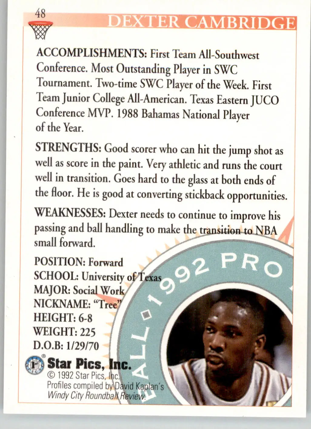 Dexter Cambridge - 1992 Star Pics - #48 - Basketball - Basketball Card Single