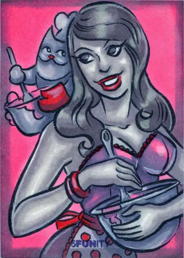 Stylized cartoon woman with martini and blue creature in 5funity sketch card by Erica Hesse