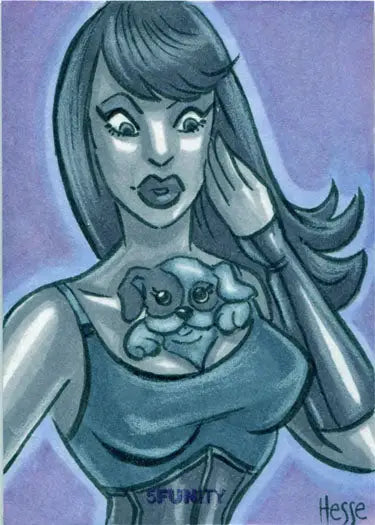 Stylized illustration of a woman with a dog on a 5FUNity Sketch Card by Erica Hesse