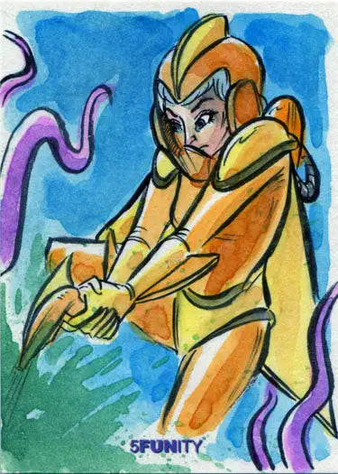 Stylized cartoon of a futuristic character in yellow suit on 5funity sketch card