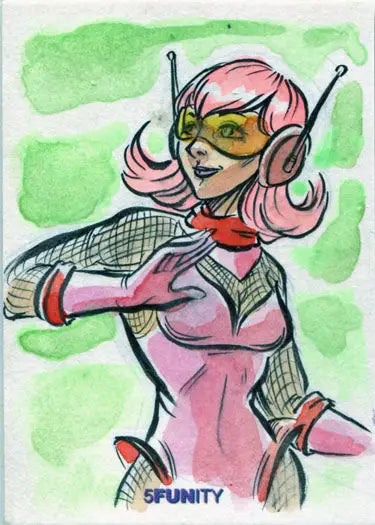 Cartoon alien with pink hair and headphones on a 5funity sketch card by John Monserrat